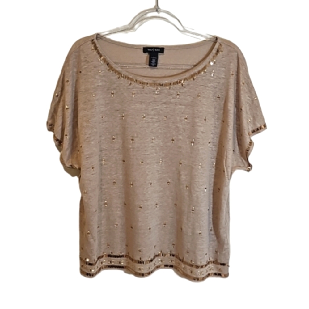 White House Black Market sequins embellish tan top women's size Large - Picture 12 of 12